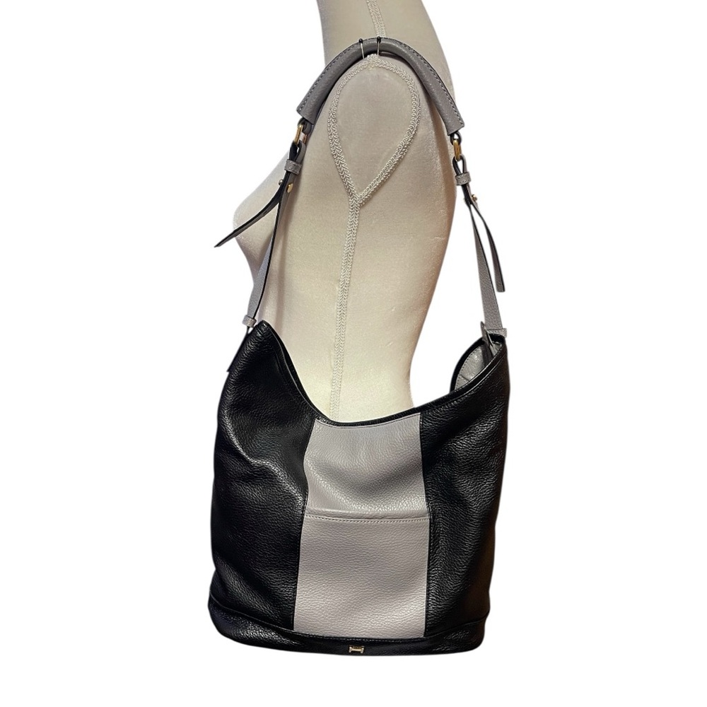 H By Halston Leather Hobo Shoulder Bag Black Gray Pockets Classic Office Travel